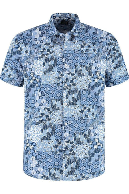 Korte mouw patch bloemprint shirt in blauw katoen met patchwork bloemmotieven, ademend en modern.