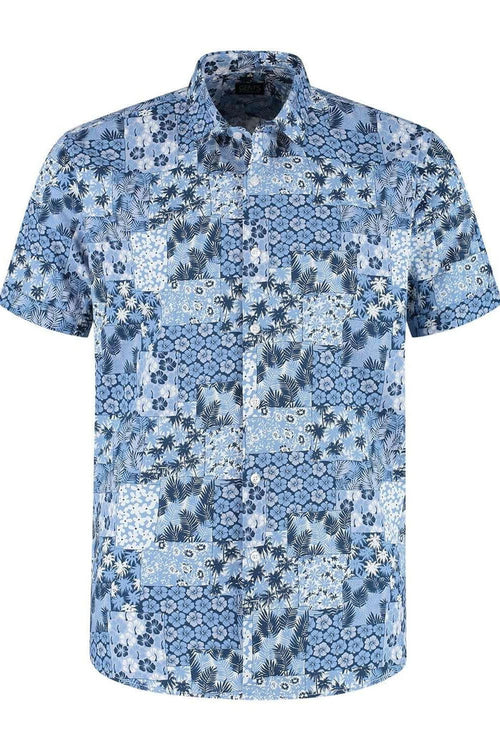Korte mouw patch bloemprint shirt in blauw katoen met patchwork bloemmotieven, ademend en modern.