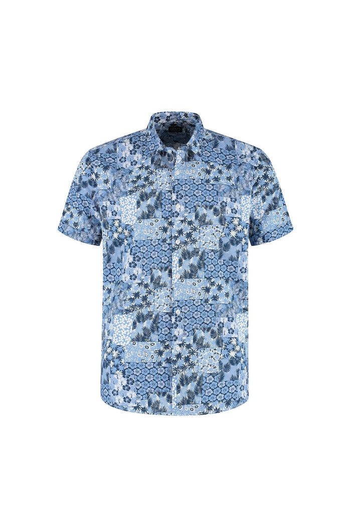 Korte mouw patch bloemprint in blauw katoen met patchwork bloemmotieven, ademend en modern.