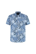 Korte mouw patch bloemprint in blauw katoen met patchwork bloemmotieven, ademend en modern.