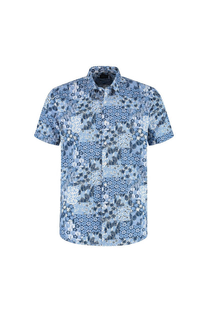 Korte mouw patch bloemprint in blauw katoen met patchwork bloemmotieven, ademend en modern.