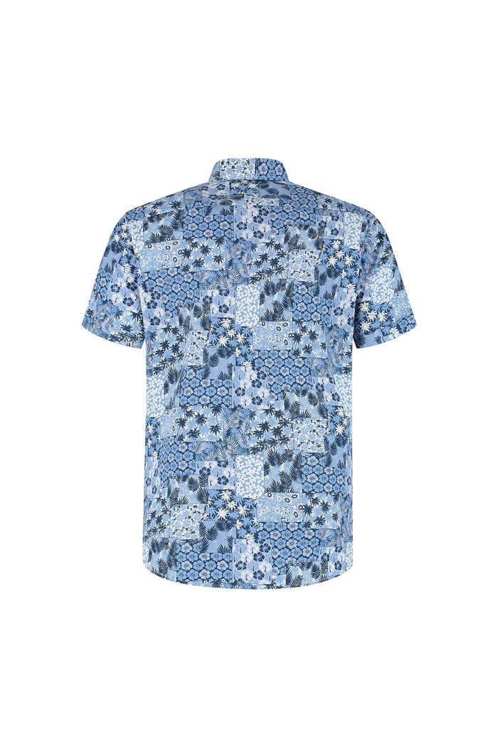 Korte mouw patch bloemprint shirt met blauw katoen en patchwork bloemmotieven, ademend en modern.