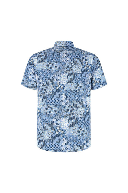 Korte mouw patch bloemprint shirt met blauw katoen en patchwork bloemmotieven, ademend en modern.