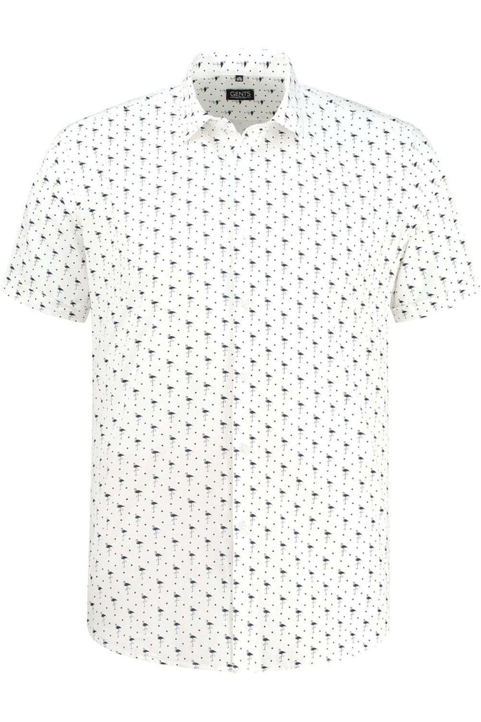 Korte mouw pelikaan blauw luchtig katoenen overhemd met pelikanprint en korte mouwen.