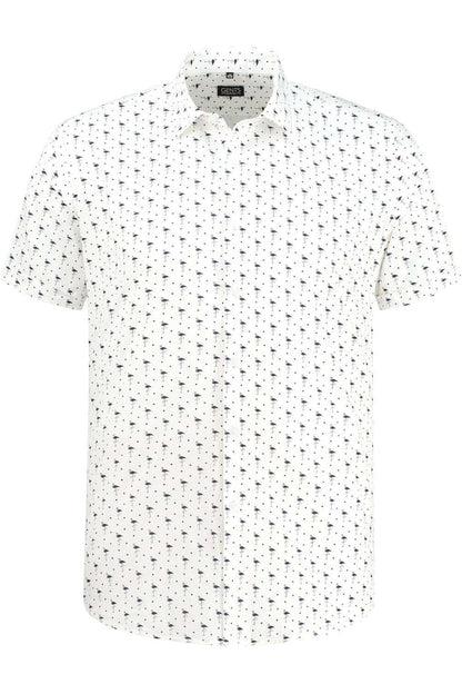 Korte mouw pelikaan blauw luchtig katoenen overhemd met pelikanprint en korte mouwen.