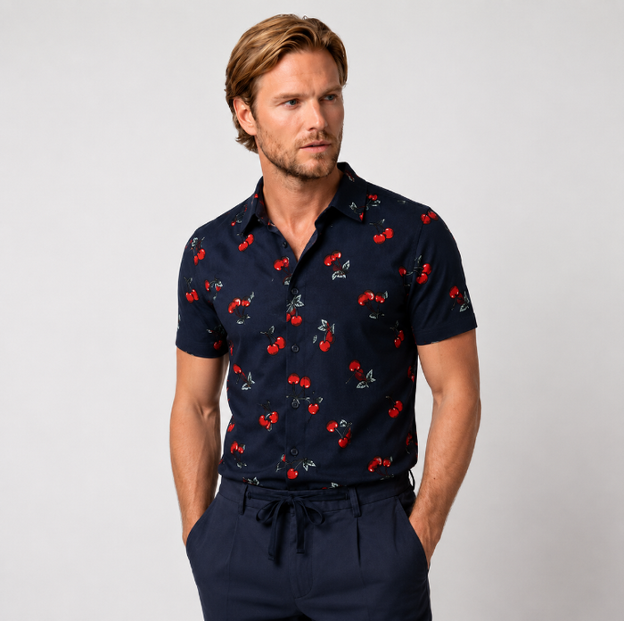 Korte mouw print kers blauw