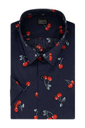 Korte mouw print kers blauw katoenen top met kersenprint in blauw en rood