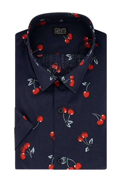 Korte mouw print kers blauw katoenen top met kersenprint in blauw en rood