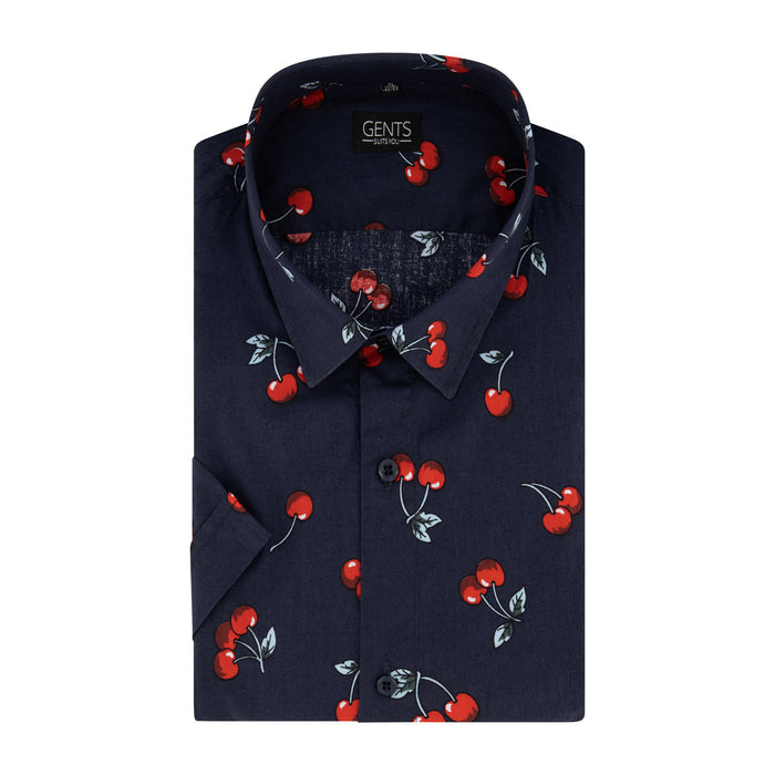 Korte mouw print kers blauw