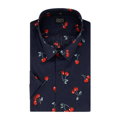 Korte mouw print kers blauw