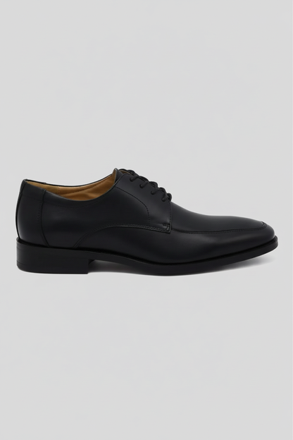 Leder classic Cognac elegante leren derby met vaste binnenzool en houtlookhak in zwart.