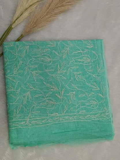 Indiehaat | Tepchi Handwork Kota Doria Saree Green