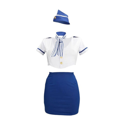 Lenjerie erotică 4 piese S-LINE Stewardess Costume, costum sexy stewardesă pentru roleplay, albastru și alb, mărime S/M