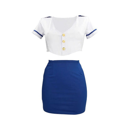 Lenjerie erotică 4 piese S-LINE Stewardess Costume, costum sexy stewardesă pentru roleplay, albastru și alb, mărime S/M
