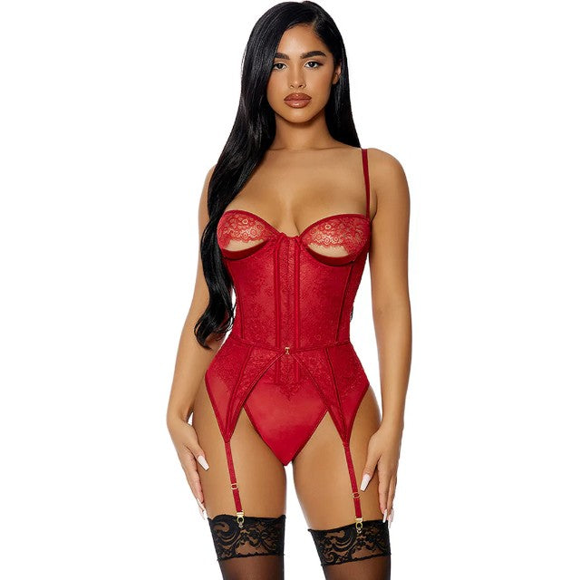 Lenjerie sexy 2 piese FORPLAY Peek Show Teddy Set, body erotic cu dantelă și decupaje + portjartier, roșu, mărime S