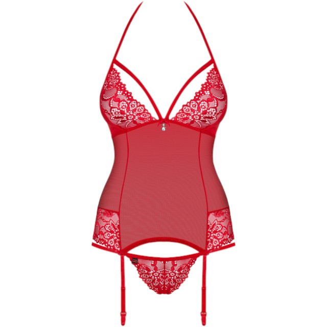 Lenjerie sexy 2 piese OBSESSIVE, corset cu dantelă și portjartier + chilot tanga, culoare roșu, mărime S/M (838-COR-3)