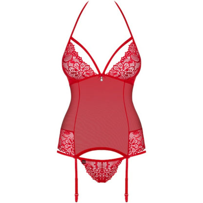 Lenjerie sexy 2 piese OBSESSIVE, corset cu dantelă și portjartier + chilot tanga, culoare roșu, mărime S/M (838-COR-3)