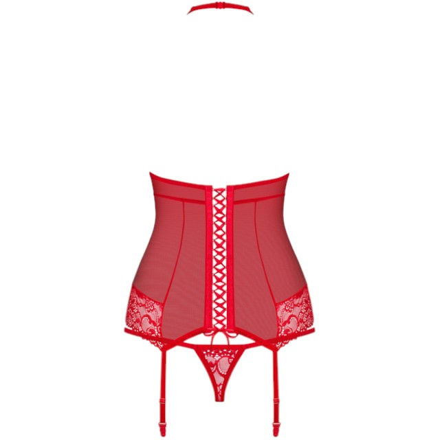 Lenjerie sexy 2 piese OBSESSIVE, corset cu dantelă și portjartier + chilot tanga, culoare roșu, mărime S/M (838-COR-3)