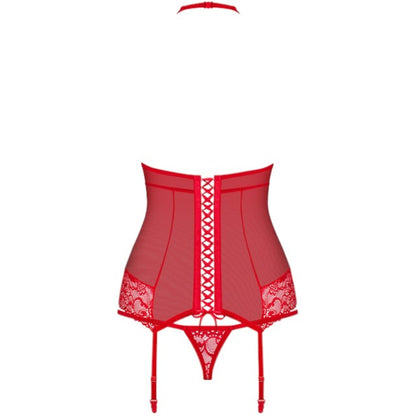 Lenjerie sexy 2 piese OBSESSIVE, corset cu dantelă și portjartier + chilot tanga, culoare roșu, mărime S/M (838-COR-3)