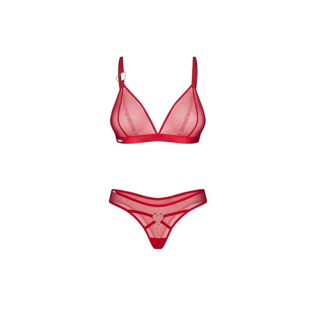 Lenjerie sexy 2 piese OBSESSIVE Crimessa, sutien + tanga, din plasă, cu inimioare decorative, culoare roșu, mărime L/XL