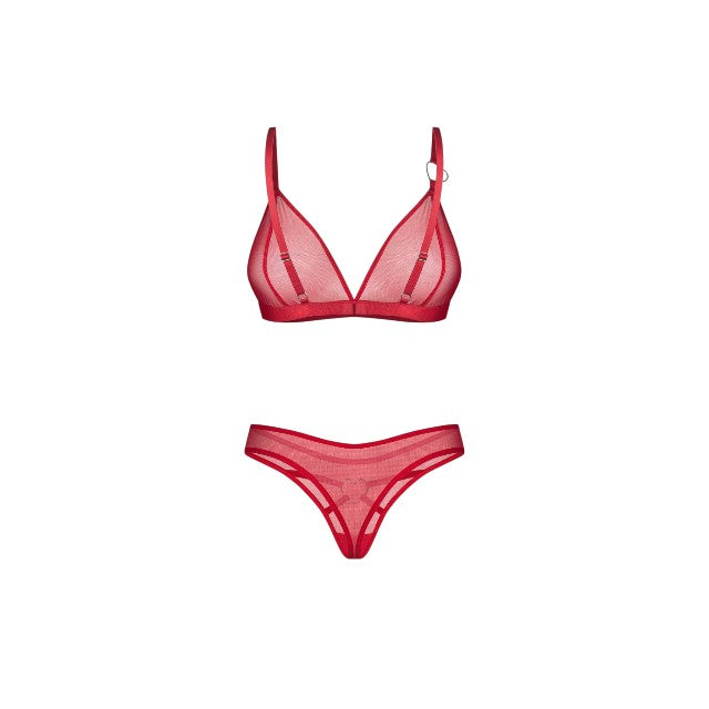 Lenjerie sexy 2 piese OBSESSIVE Crimessa, sutien + tanga, din plasă, cu inimioare decorative, culoare roșu, mărime L/XL
