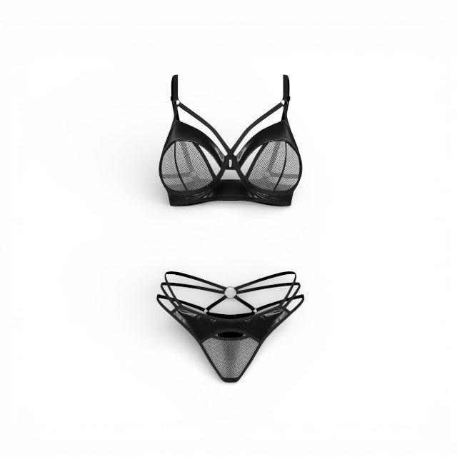 Lenjerie sexy 2 piese OBSESSIVE Dominna, sutien + tanga, imitație din piele + plasă, culoare negru, mărime S/M