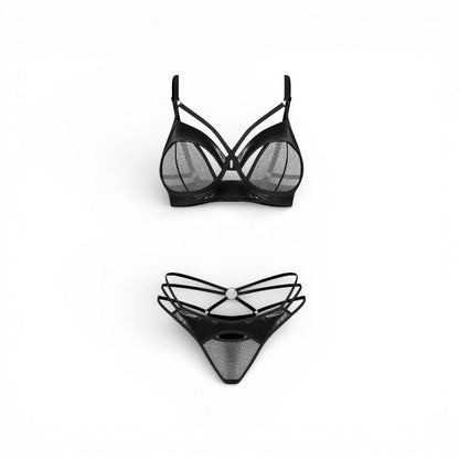 Lenjerie sexy 2 piese OBSESSIVE Dominna, sutien + tanga, imitație din piele + plasă, culoare negru, mărime S/M