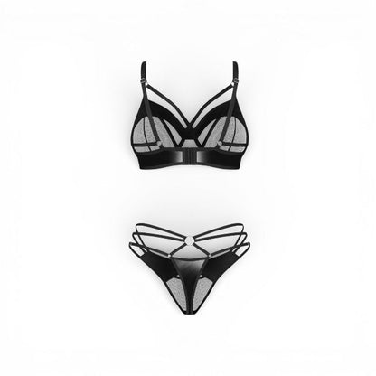Lenjerie sexy 2 piese OBSESSIVE Dominna, sutien + tanga, imitație din piele + plasă, culoare negru, mărime S/M