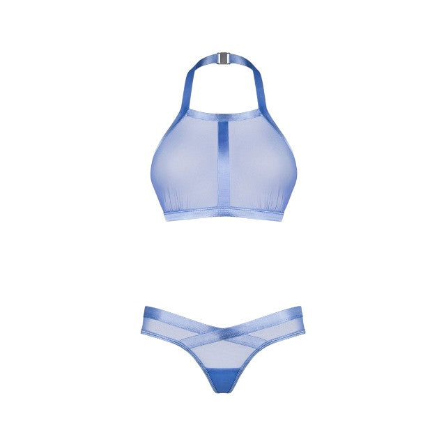 Lenjerie sexy 2 piese OBSESSIVE Shaderi Top & Thong, bustieră + tanga, din plasă, culoare albastru, mărime XS/S