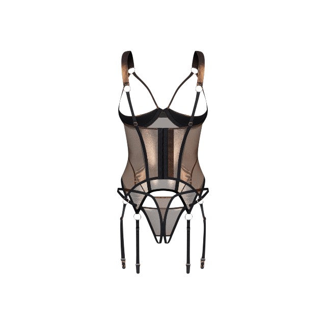 Lenjerie sexy 2 piese OBSESSIVE Soranna, corset + tanga crotchless, din plasă, transparent, reflexe aurii, mărime S/M