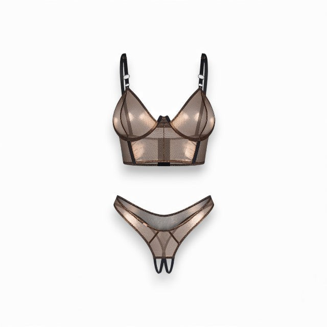 Lenjerie sexy 2 piese OBSESSIVE Soranna, top + tanga crotchless, din plasă, transparent, reflexe aurii, mărime S/M