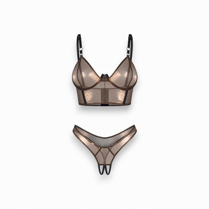 Lenjerie sexy 2 piese OBSESSIVE Soranna, top + tanga crotchless, din plasă, transparent, reflexe aurii, mărime S/M