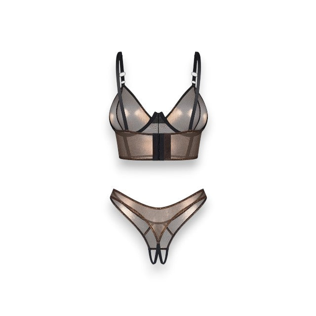 Lenjerie sexy 2 piese OBSESSIVE Soranna, top + tanga crotchless, din plasă, transparent, reflexe aurii, mărime S/M