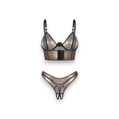 Lenjerie sexy 2 piese OBSESSIVE Soranna, top + tanga crotchless, din plasă, transparent, reflexe aurii, mărime S/M