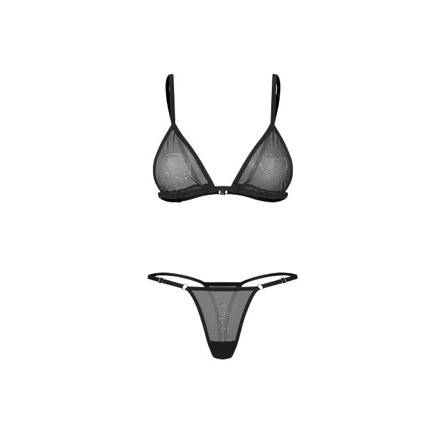 Lenjerie sexy 2 piese OBSESSIVE Wet Me, sutien + tanga, din plasă, cu detalii strălucitoare, culoare negru, mărime L/XL
