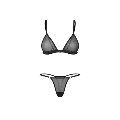 Lenjerie sexy 2 piese OBSESSIVE Wet Me, sutien + tanga, din plasă, cu detalii strălucitoare, culoare negru, mărime L/XL