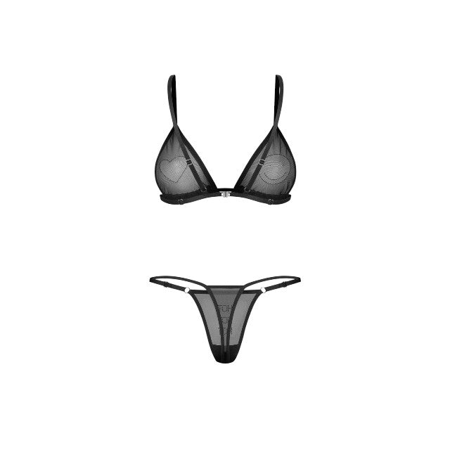 Lenjerie sexy 2 piese OBSESSIVE Wet Me, sutien + tanga, din plasă, cu detalii strălucitoare, culoare negru, mărime L/XL