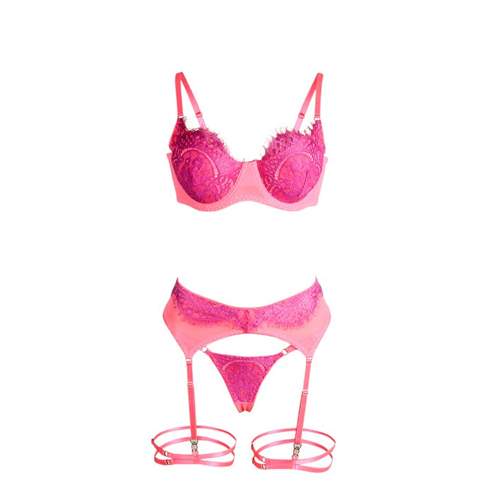 Lenjerie sexy 3 piese SUBBLIME Bra with Lace Garter, sutien, chilot tanga și portjartier, mov și roz, mărime S/M (955359)