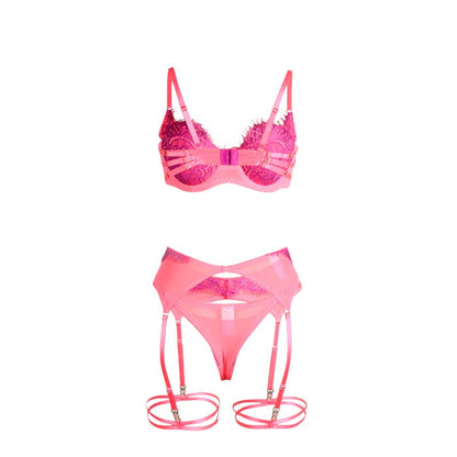Lenjerie sexy 3 piese SUBBLIME Bra with Lace Garter, sutien, chilot tanga și portjartier, mov și roz, mărime S/M (955359)