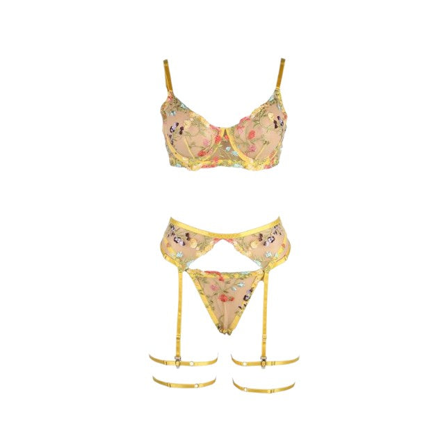 Lenjerie sexy 4 piese ADALET Zoey, Sutien + Chilot tanga + Portjartier + Jartiere, galben cu dantelă florală, mărime L/XL