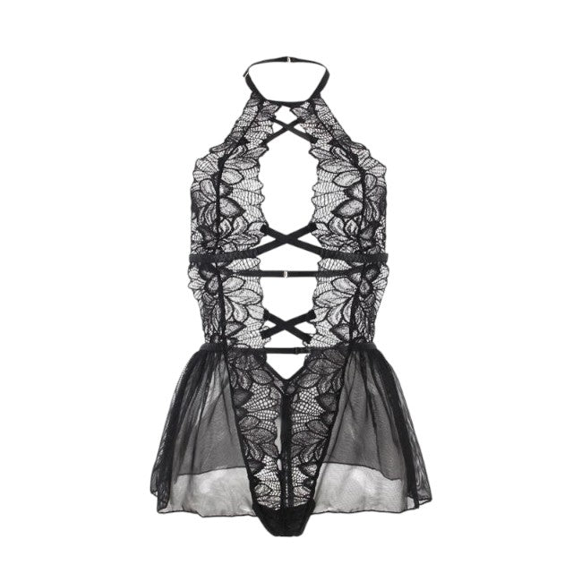 Lenjerie sexy teddy ADALET Ariella, body erotic din dantelă cu bretele subțiri încrucișate, negru, mărime S/M
