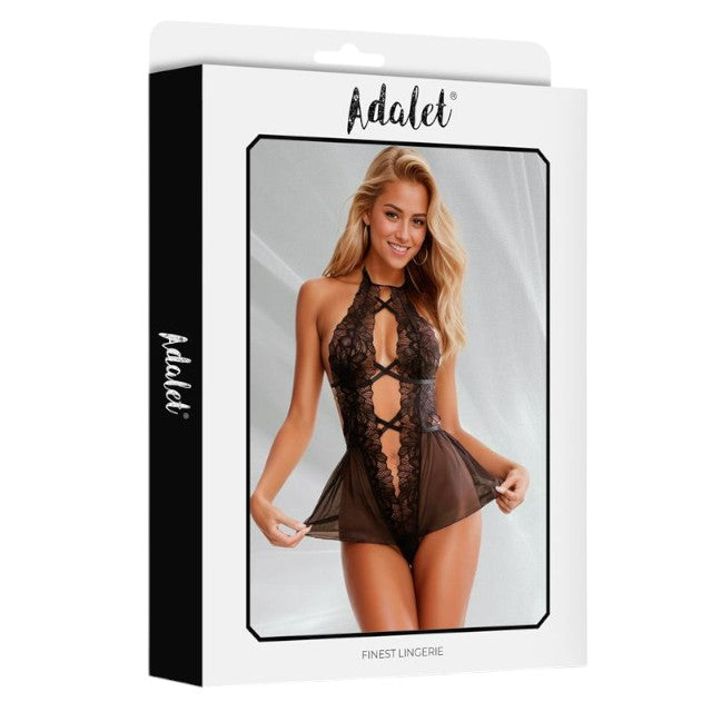 Lenjerie sexy teddy ADALET Ariella, body erotic din dantelă cu bretele subțiri încrucișate, negru, mărime S/M
