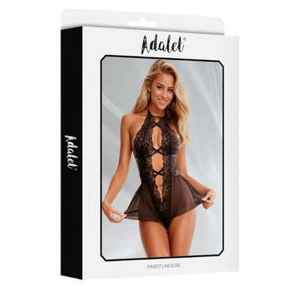 Lenjerie sexy teddy ADALET Ariella, body erotic din dantelă cu bretele subțiri încrucișate, negru, mărime S/M