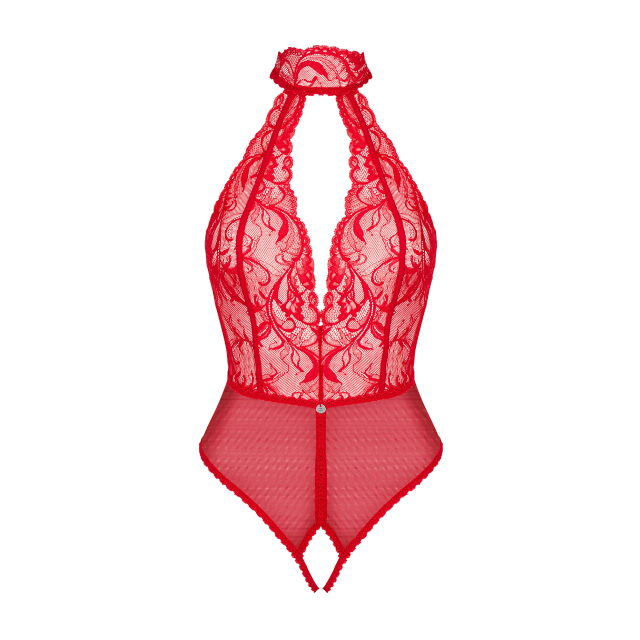 Lenjerie sexy teddy OBSESSIVE Dagmarie, din dantelă, decolteu adânc, spate gol, crotchless, culoare roșu, mărime XS/S