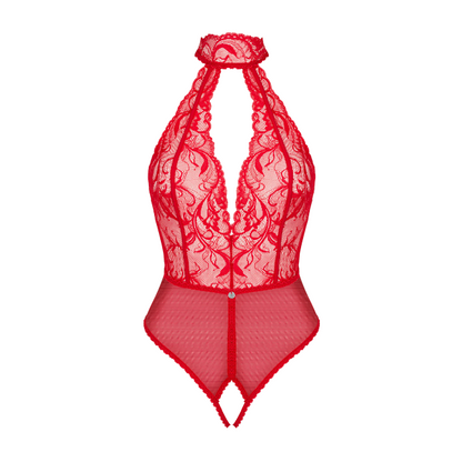 Lenjerie sexy teddy OBSESSIVE Dagmarie, din dantelă, decolteu adânc, spate gol, crotchless, culoare roșu, mărime XS/S