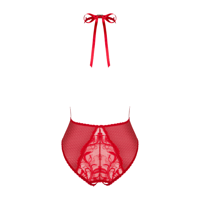 Lenjerie sexy teddy OBSESSIVE Dagmarie, din dantelă, decolteu adânc, spate gol, crotchless, culoare roșu, mărime XS/S