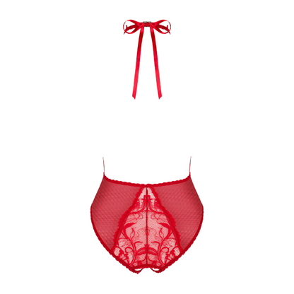 Lenjerie sexy teddy OBSESSIVE Dagmarie, din dantelă, decolteu adânc, spate gol, crotchless, culoare roșu, mărime XS/S