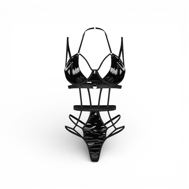 Lenjerie sexy teddy OBSESSIVE Keira Lise, cu decupaje sexy, aspect wet look, imitație latex, culoare negru, mărime S/M