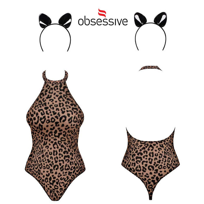 Lenjerie sexy teddy OBSESSIVE Leocatia, model animal print, accesoriu urechi de pluș, tanga, mărime L/XL