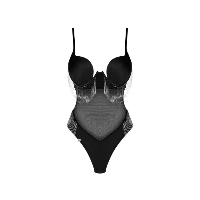 Lenjerie sexy teddy OBSESSIVE Milladis, body erotic cu lanțuri argintii și plasă transparentă, culoare negru, mărime M/L